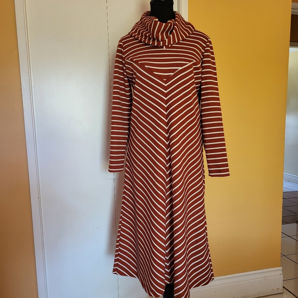 Vintage 1970s Original tags striped cowl casual dress brown white m medium 8 10